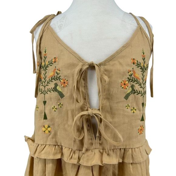 Meadows Tree, Bird, and Flower Embroidered Willow Linen Dress in Brown Size 2 - Picture 3 of 15
